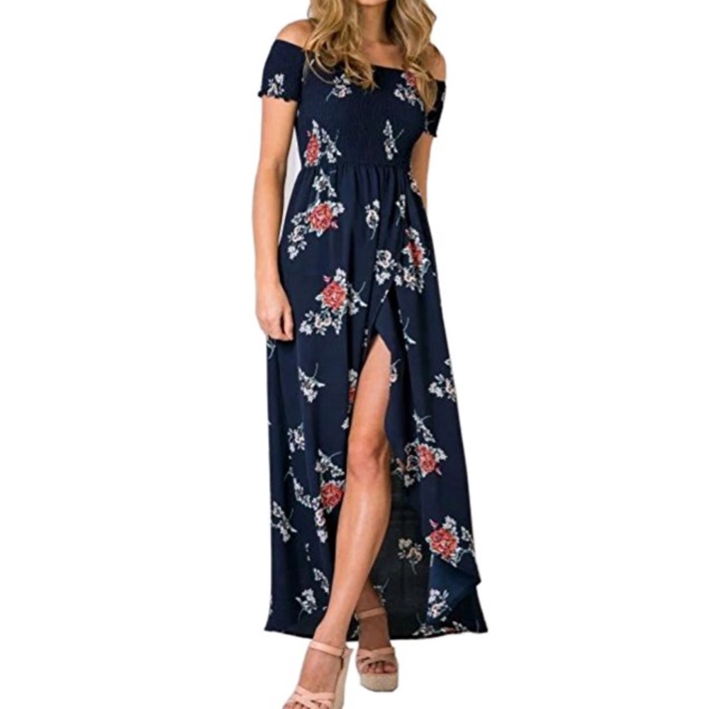 Off-the-shoulder blue flora maxi